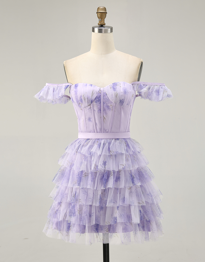 Lilac Off the Shoulder Floral Tulle Tiered Short Homecoming Dress with Ruffles