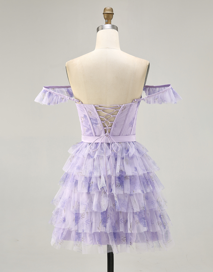 Lilac Off the Shoulder Floral Tulle Tiered Short Homecoming Dress with Ruffles