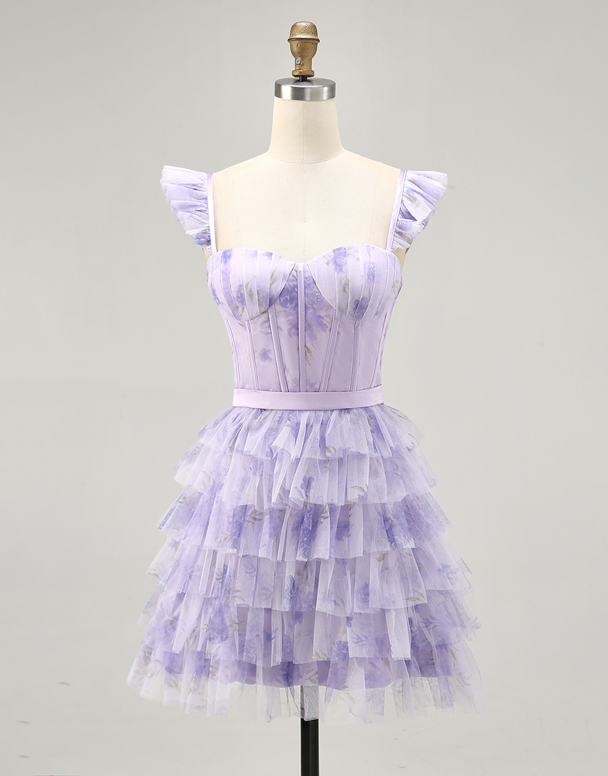 Lilac Off the Shoulder Floral Tulle Tiered Short Homecoming Dress with Ruffles
