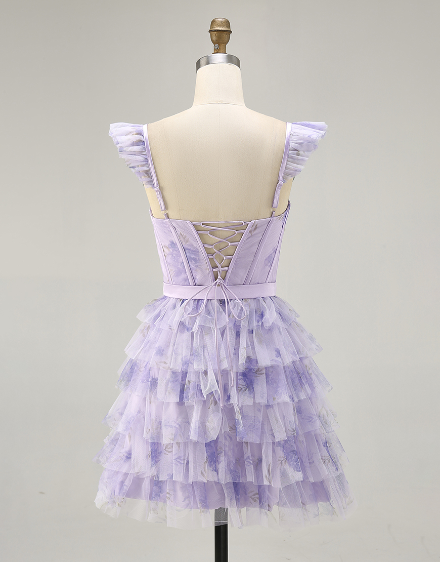 Lilac Off the Shoulder Floral Tulle Tiered Short Homecoming Dress with Ruffles