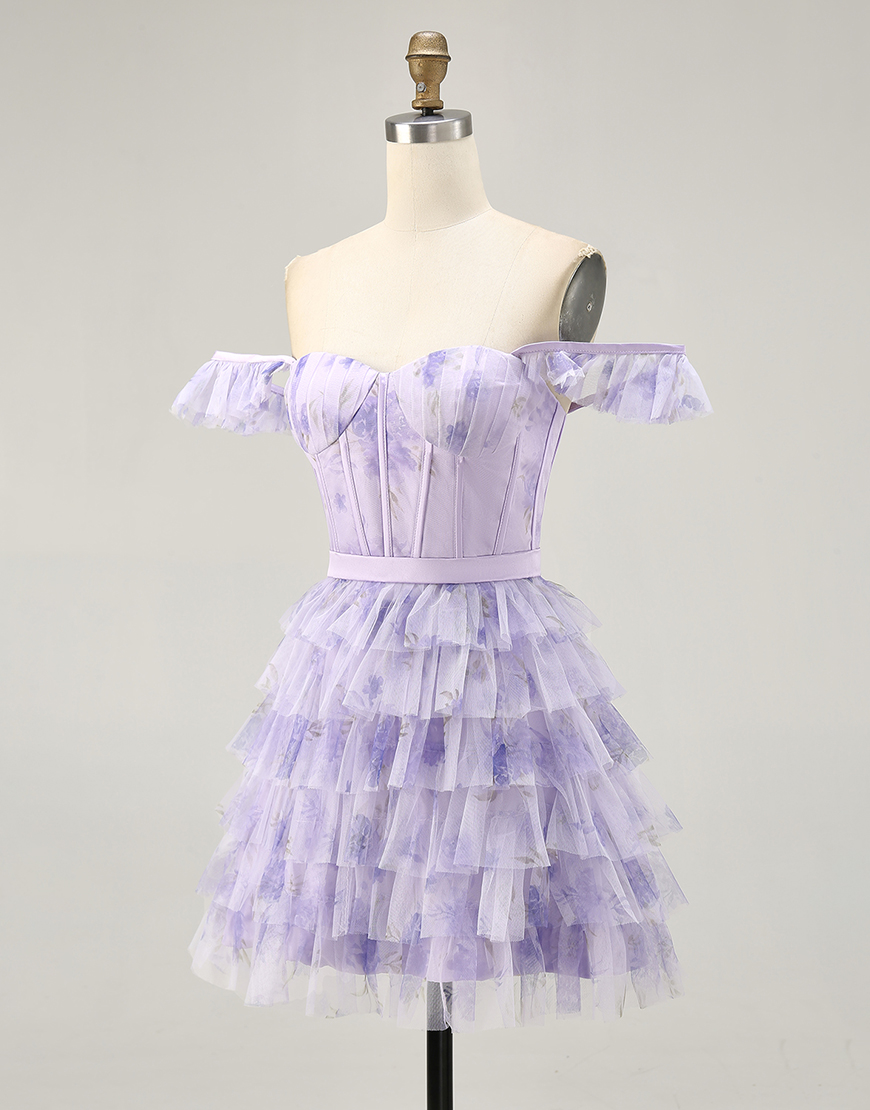 Lilac Off the Shoulder Floral Tulle Tiered Short Homecoming Dress with Ruffles