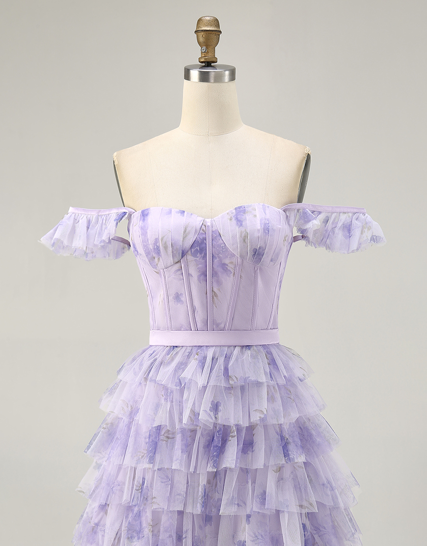 Lilac Off the Shoulder Floral Tulle Tiered Short Homecoming Dress with Ruffles