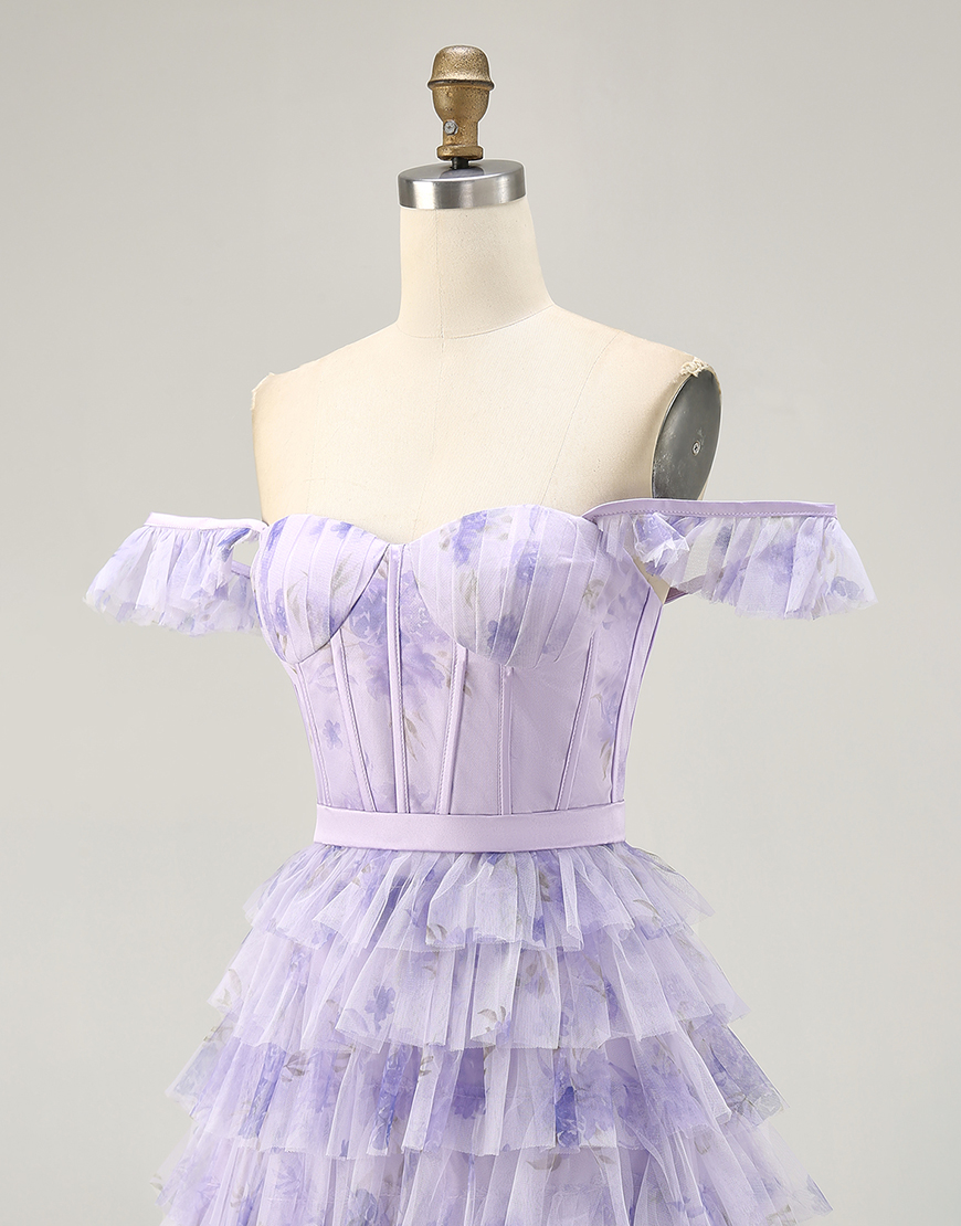 Lilac Off the Shoulder Floral Tulle Tiered Short Homecoming Dress with Ruffles