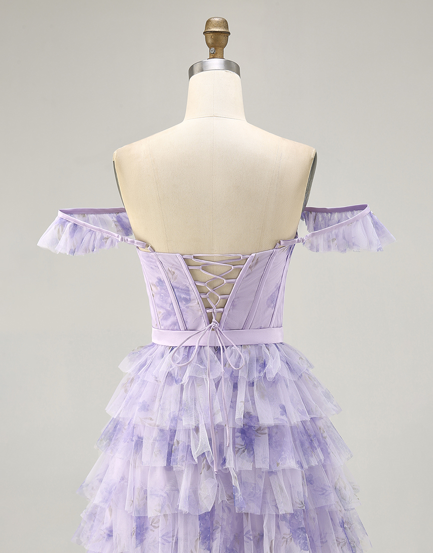 Lilac Off the Shoulder Floral Tulle Tiered Short Homecoming Dress with Ruffles