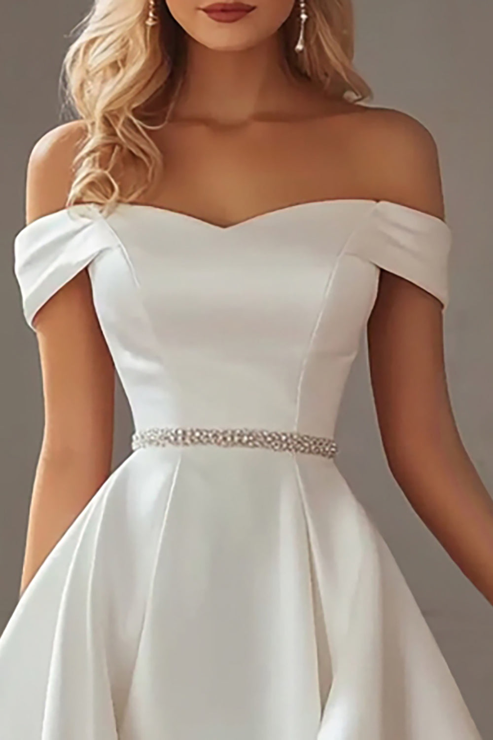 Ivory Off the Shoulder High-Low Graduation Dress with Rhinestones
