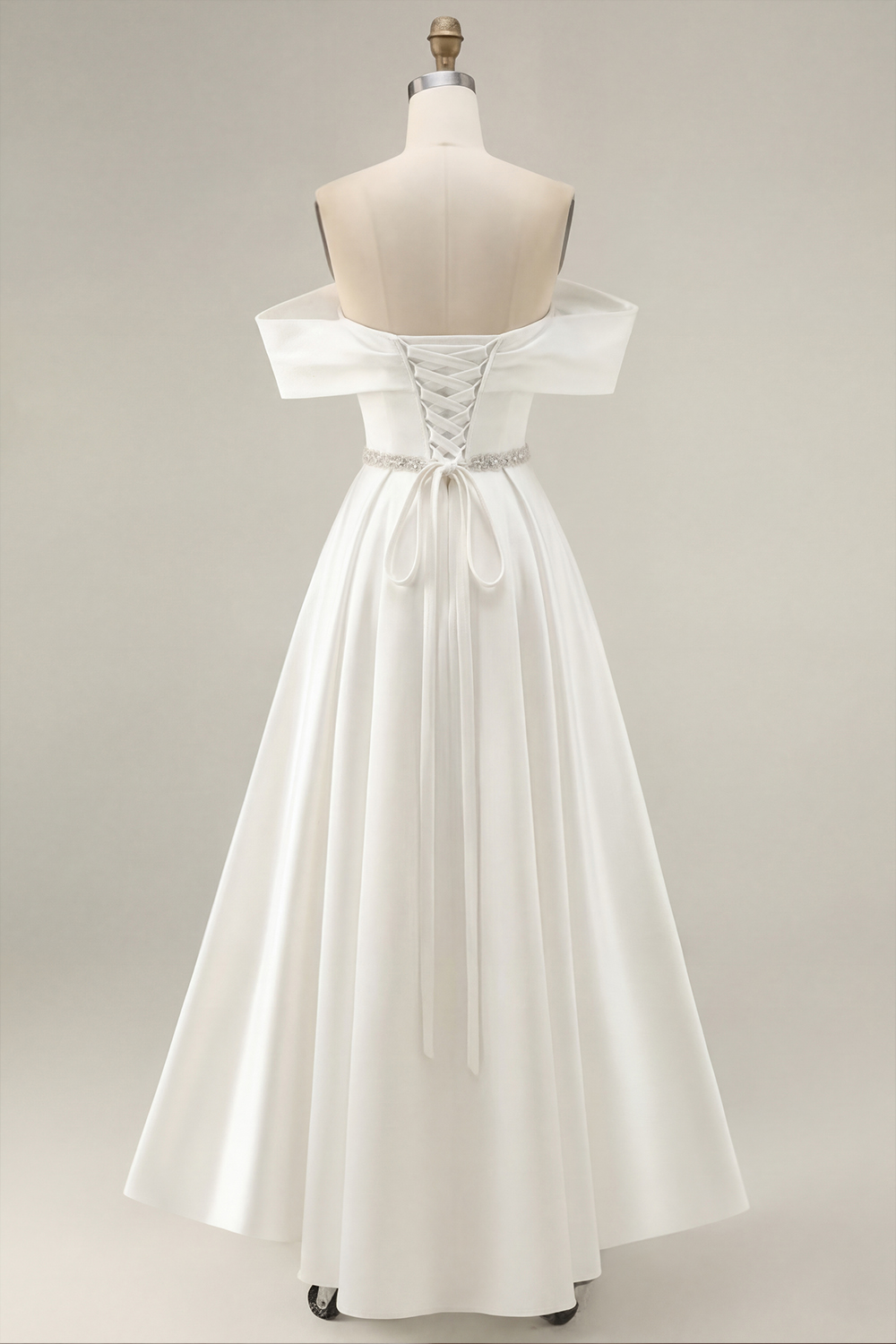 Ivory Off the Shoulder High-Low Graduation Dress with Rhinestones