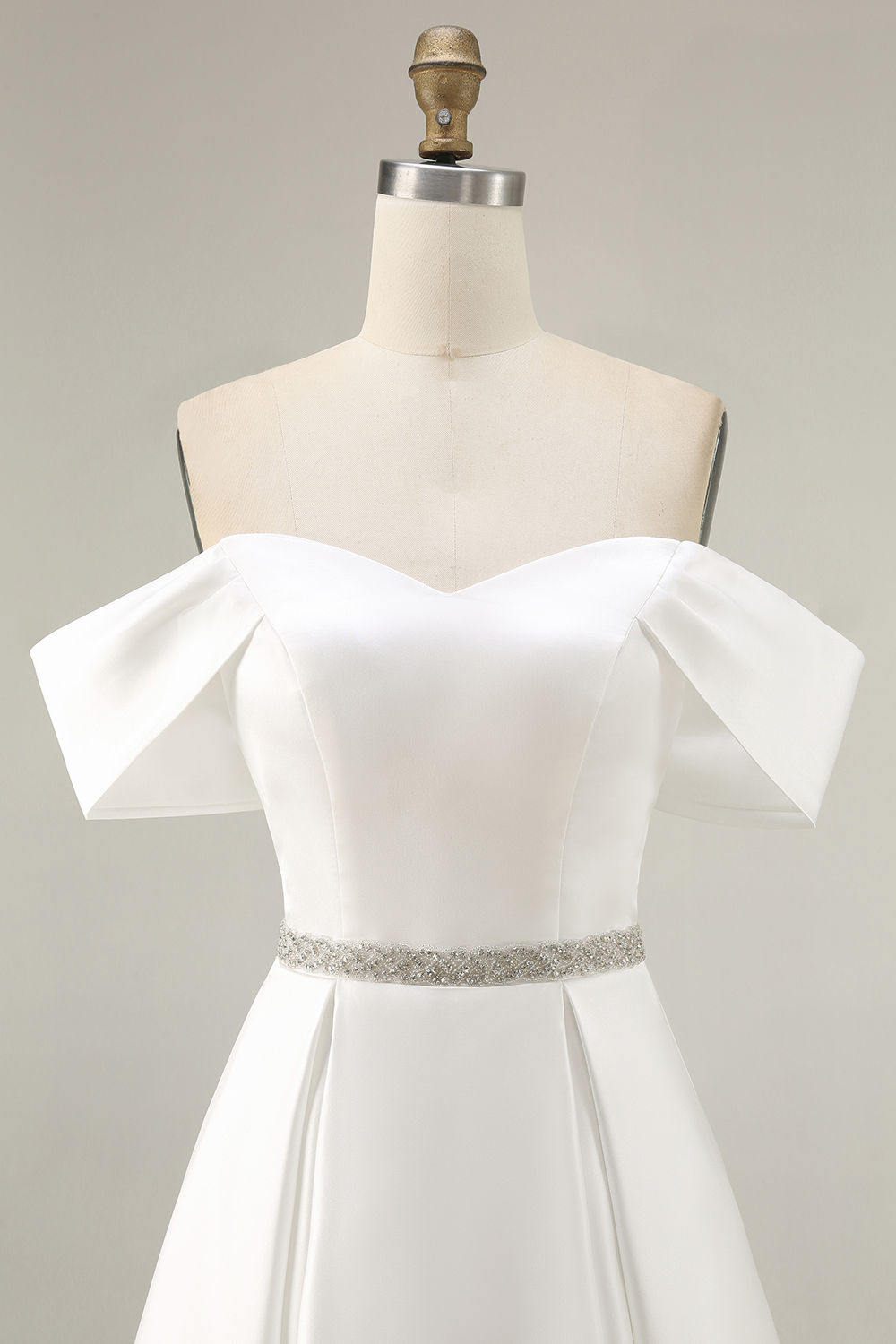 Ivory Off the Shoulder High-Low Graduation Dress with Rhinestones