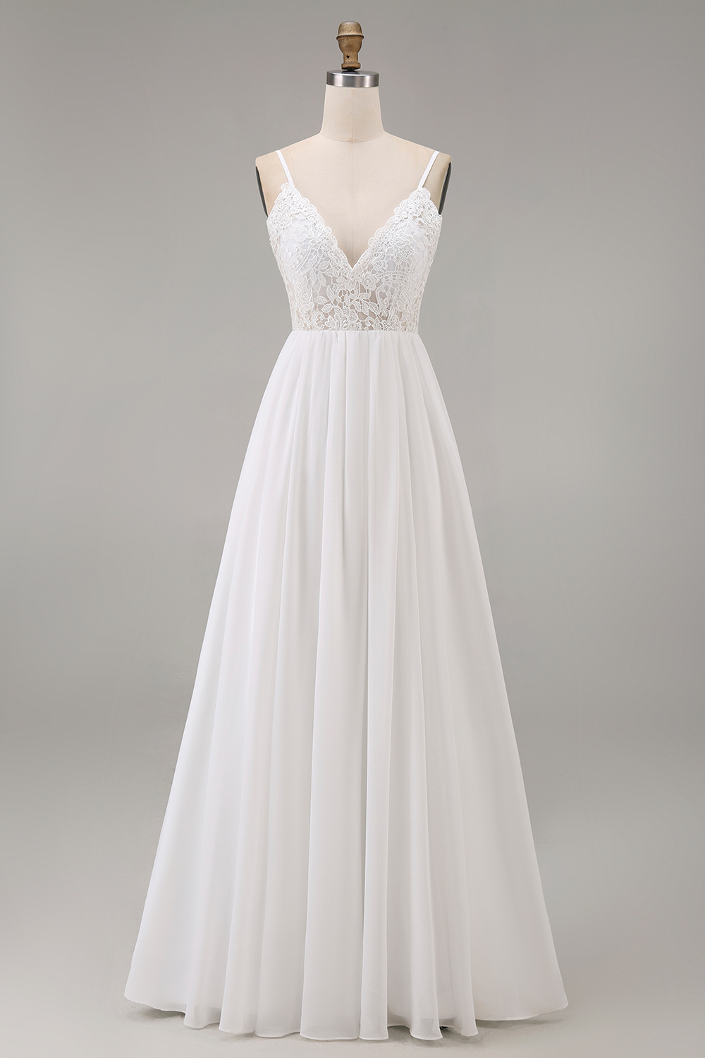 White Spaghetti Straps A Line Tulle Maxi Rehearsal Dinner Dress with Lace
