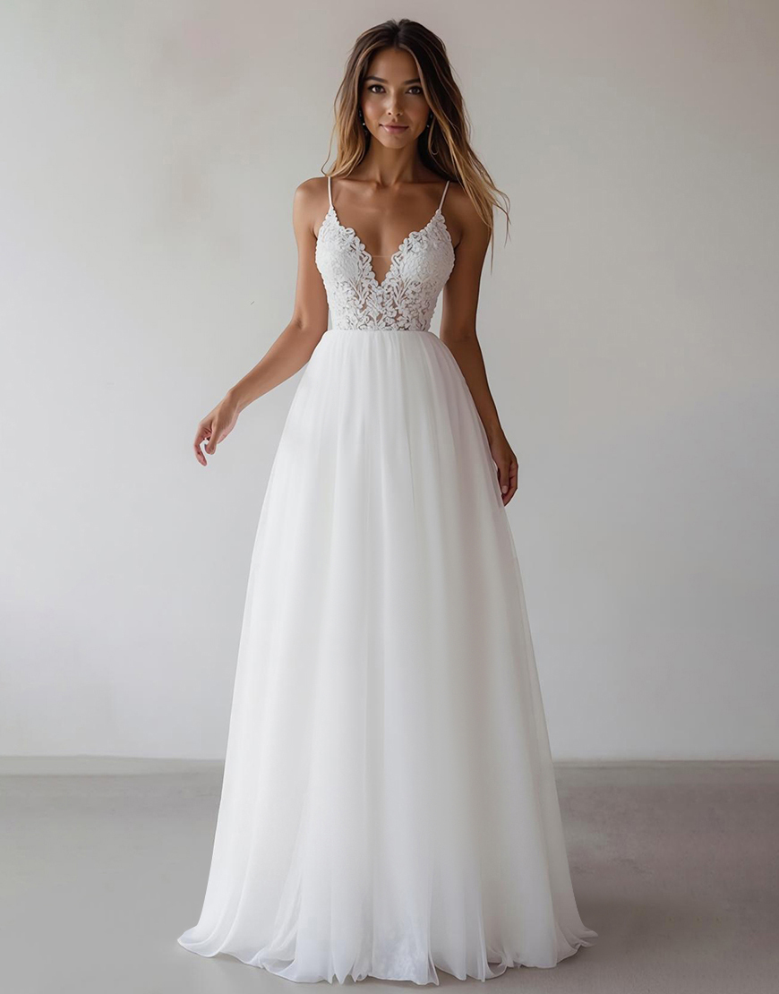White Spaghetti Straps A Line Tulle Maxi Rehearsal Dinner Dress with Lace
