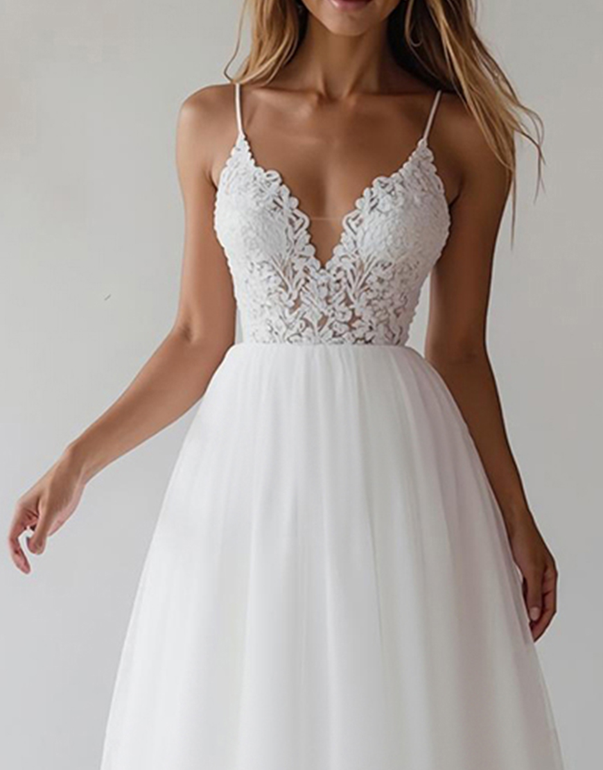 White Spaghetti Straps A Line Tulle Maxi Rehearsal Dinner Dress with Lace
