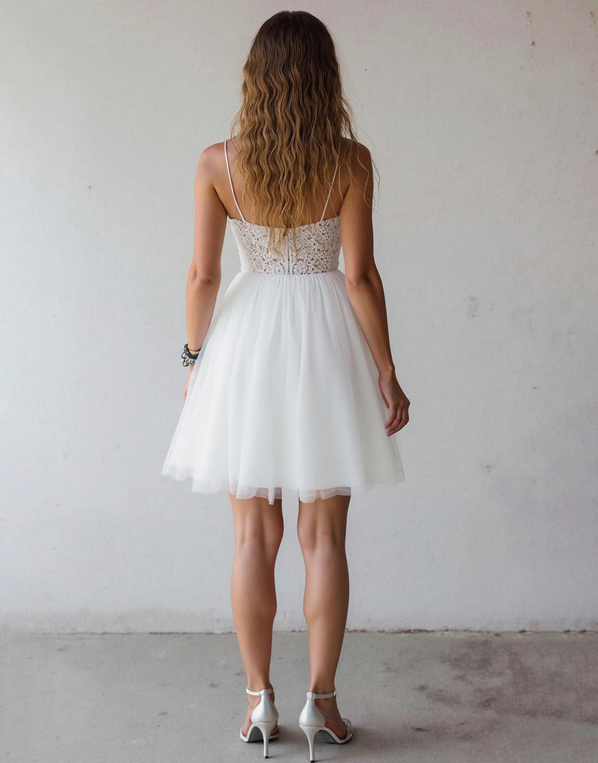 White Tulle Spaghetti Straps Short Graduation Dress with Lace