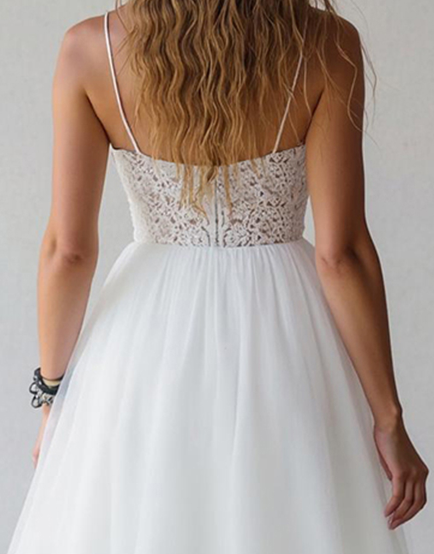 White Tulle Spaghetti Straps Short Graduation Dress with Lace
