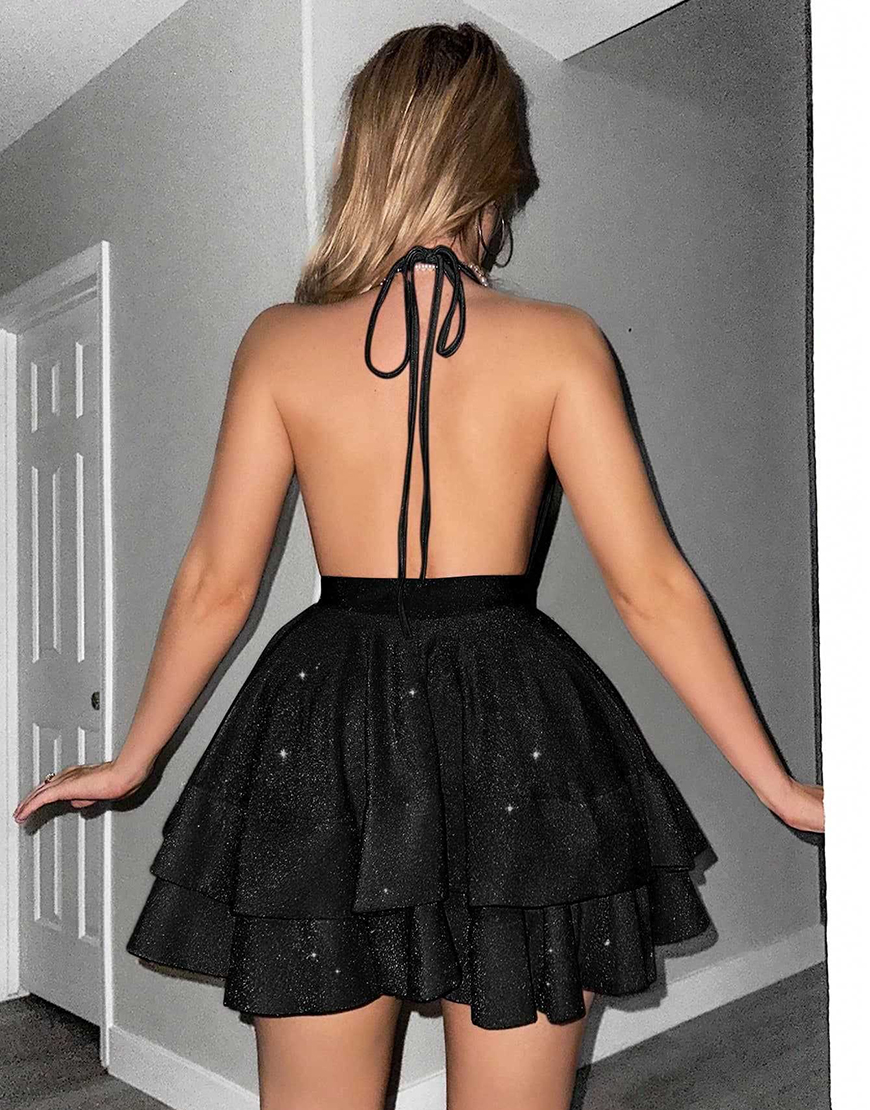 Glitter Black A Line Halter Tiered Short Homecoming Dress