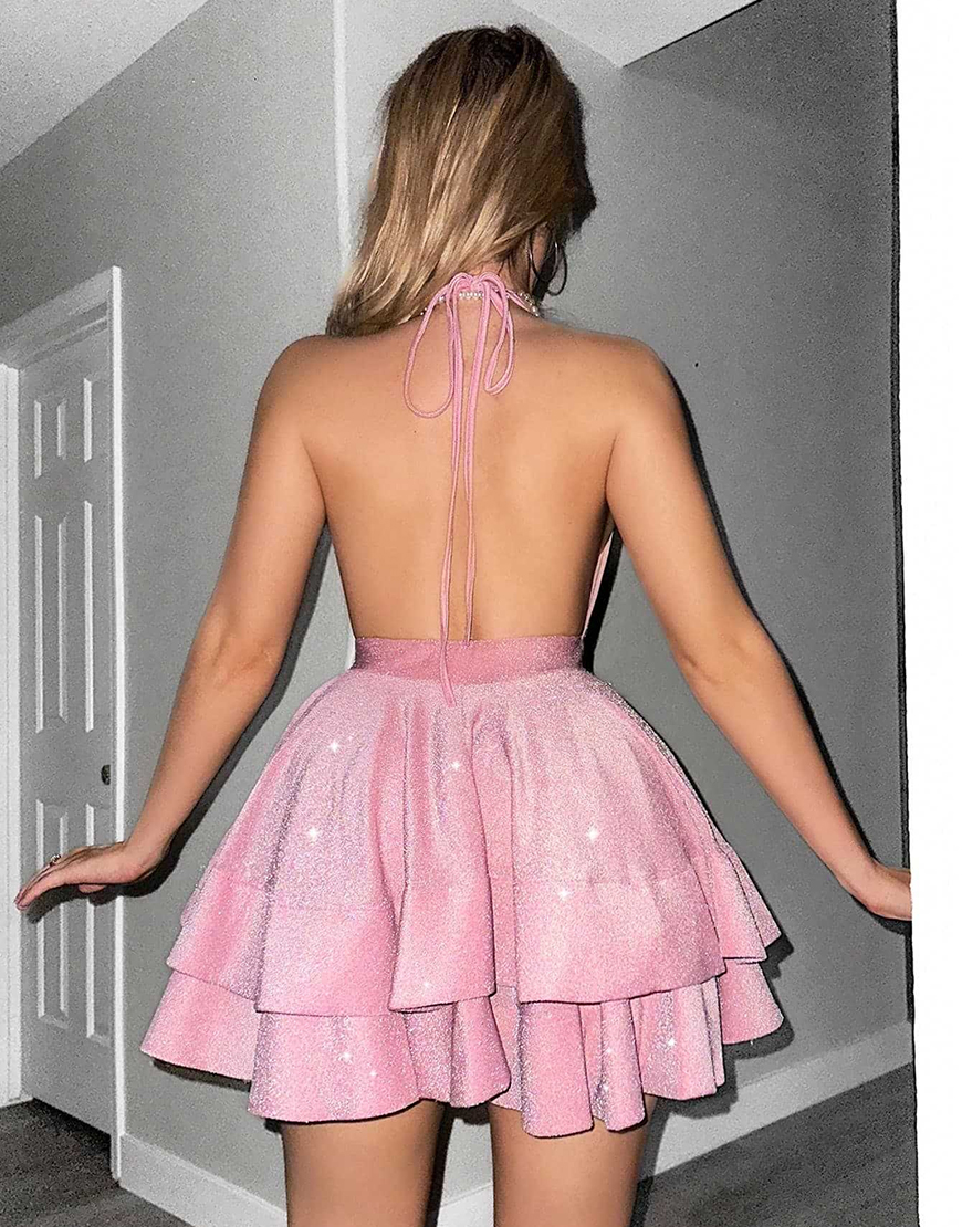 Glitter Black A Line Halter Tiered Short Homecoming Dress