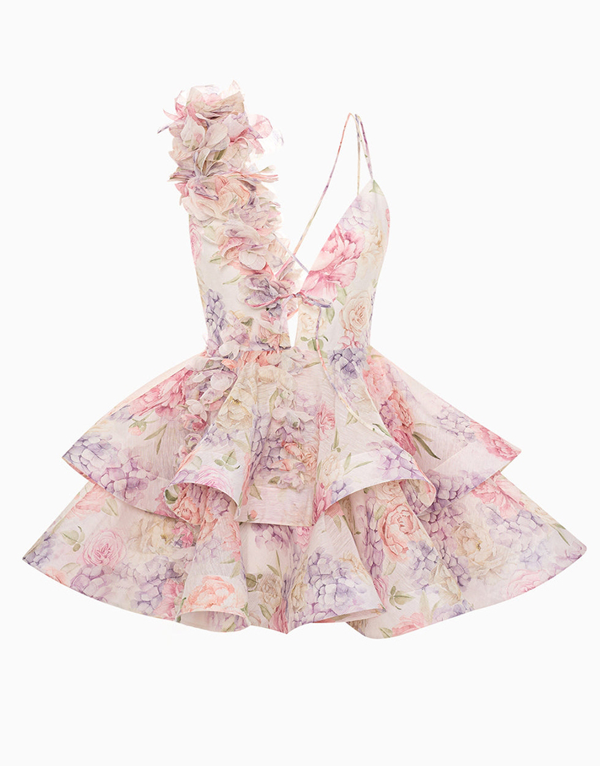 Pink Floral A Line Tiered Short Homecoming Dress with Ruffles