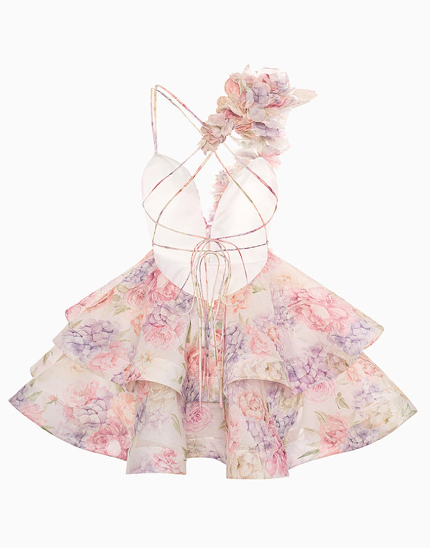 Pink Floral A Line Tiered Short Homecoming Dress with Ruffles