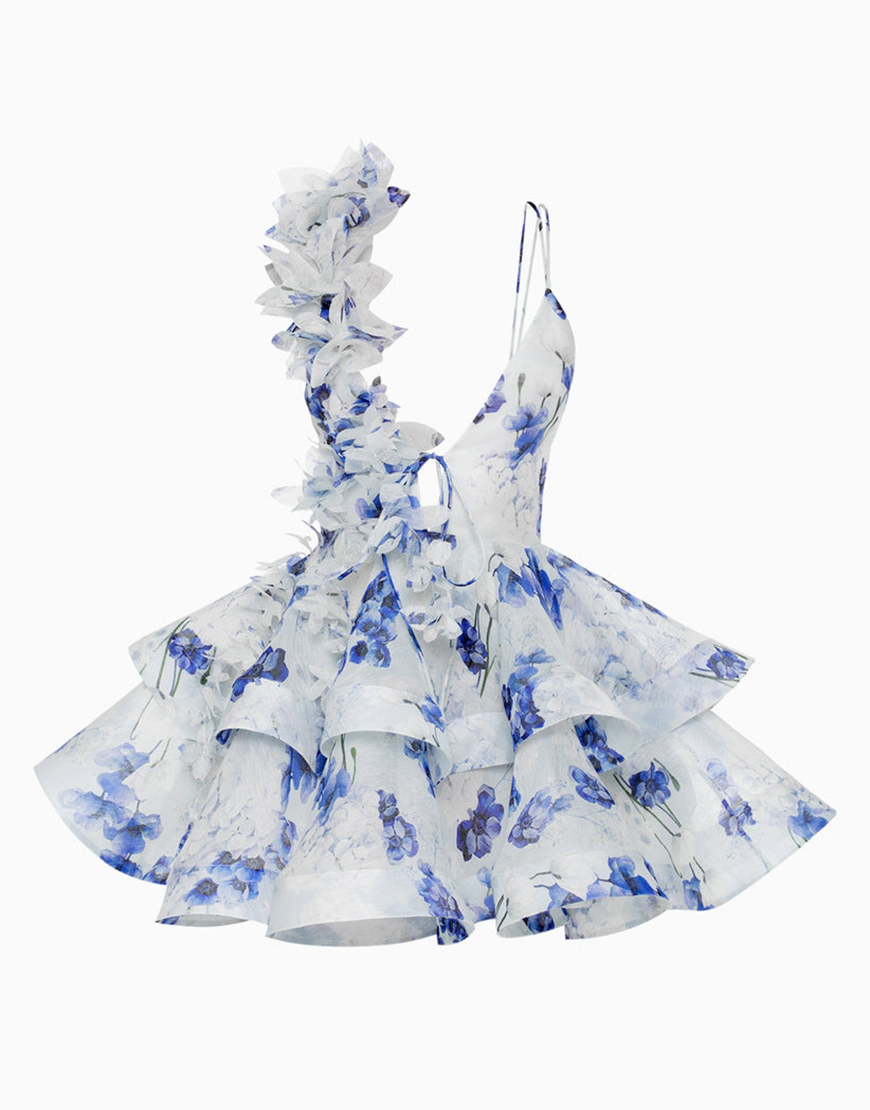 Pink Floral A Line Tiered Short Homecoming Dress with Ruffles