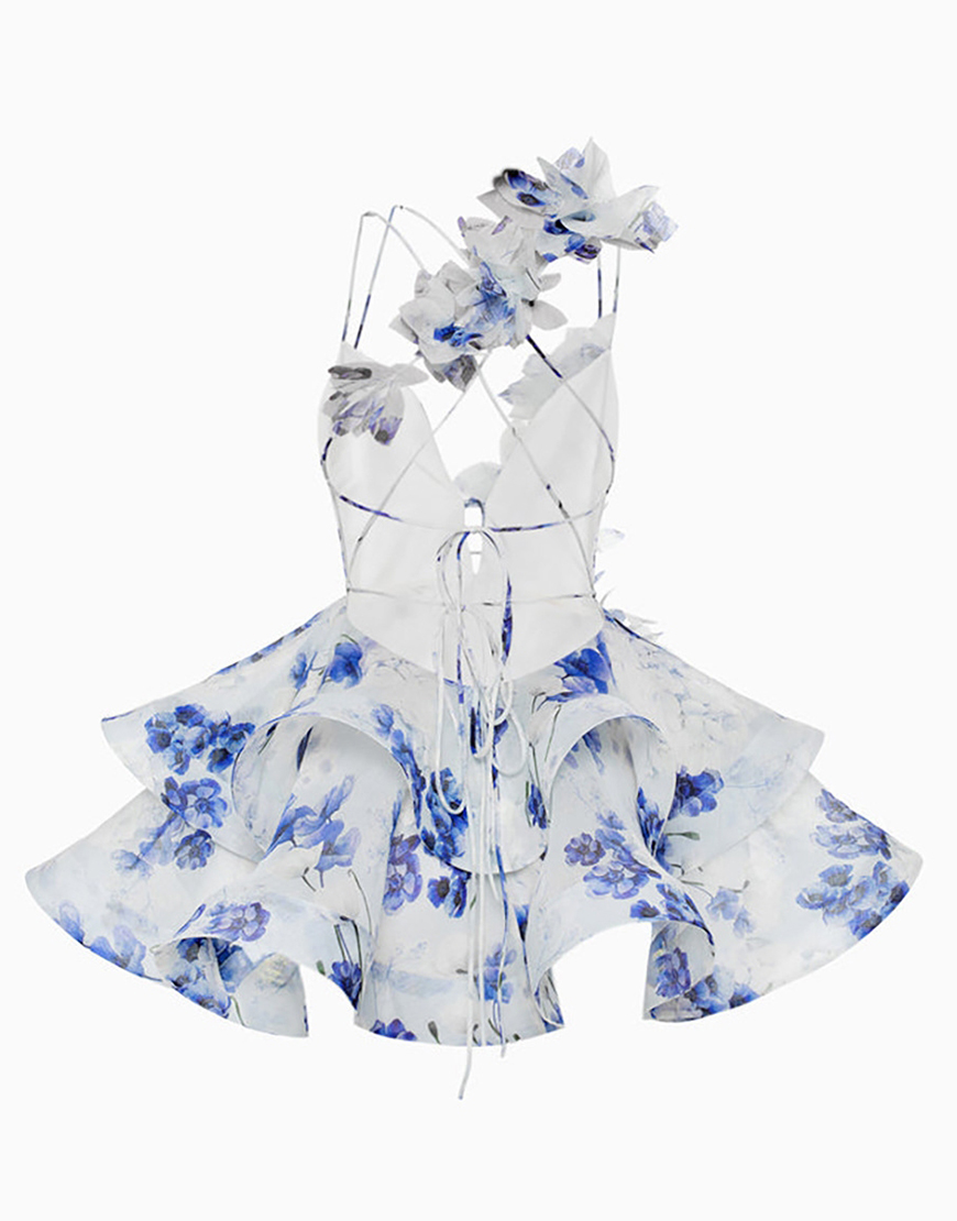 Pink Floral A Line Tiered Short Homecoming Dress with Ruffles