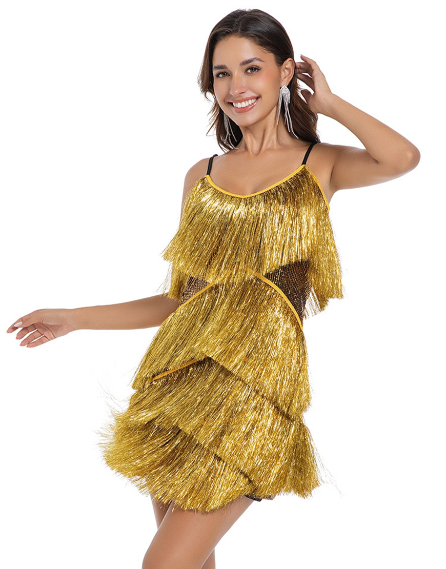 Sparkly Golden Spaghetti Straps Tiered Short Homecoming Dress with Fringes