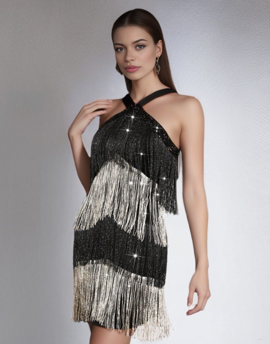 Sparkly Black and Silver Short Tiered Homecoming Dress with Fringes