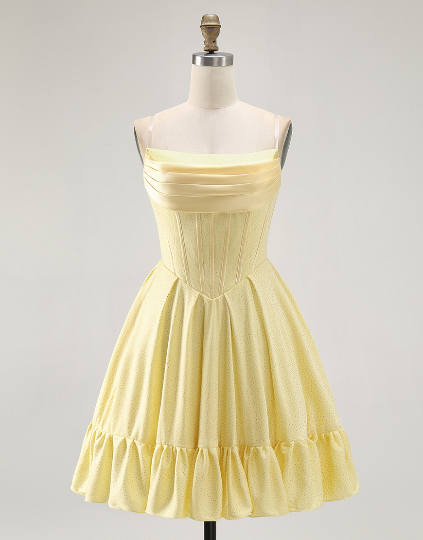 Sparkly Yellow Strapless Satin Short Corset Homecoming Dress with Beading 