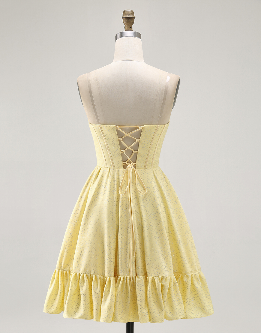 Sparkly Yellow Strapless Satin Short Corset Homecoming Dress with Beading 