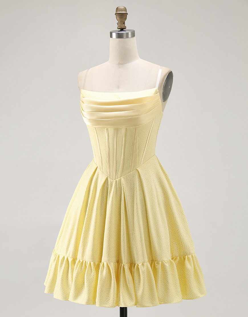 Sparkly Yellow Satin Short A Line Corset Homecoming Dress with Beading 