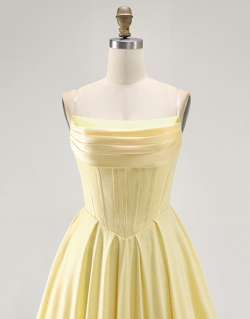 Sparkly Yellow Satin Short A Line Corset Homecoming Dress with Beading 