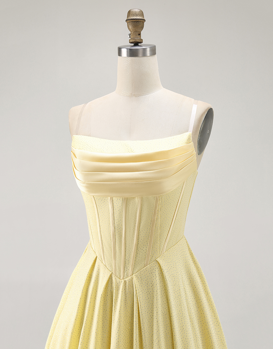 Sparkly Yellow Satin Short A Line Corset Homecoming Dress with Beading 