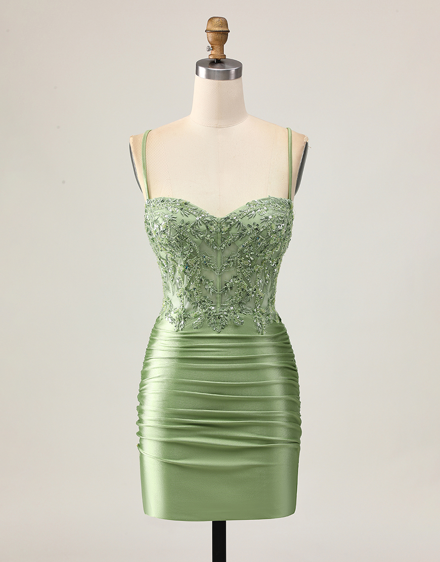 Sparkly Sage Green Tight Appliqued Short Corset Homecoming Dress with Beading