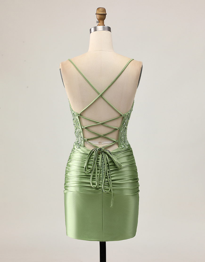Sparkly Sage Green Tight Appliqued Short Corset Homecoming Dress with Beading