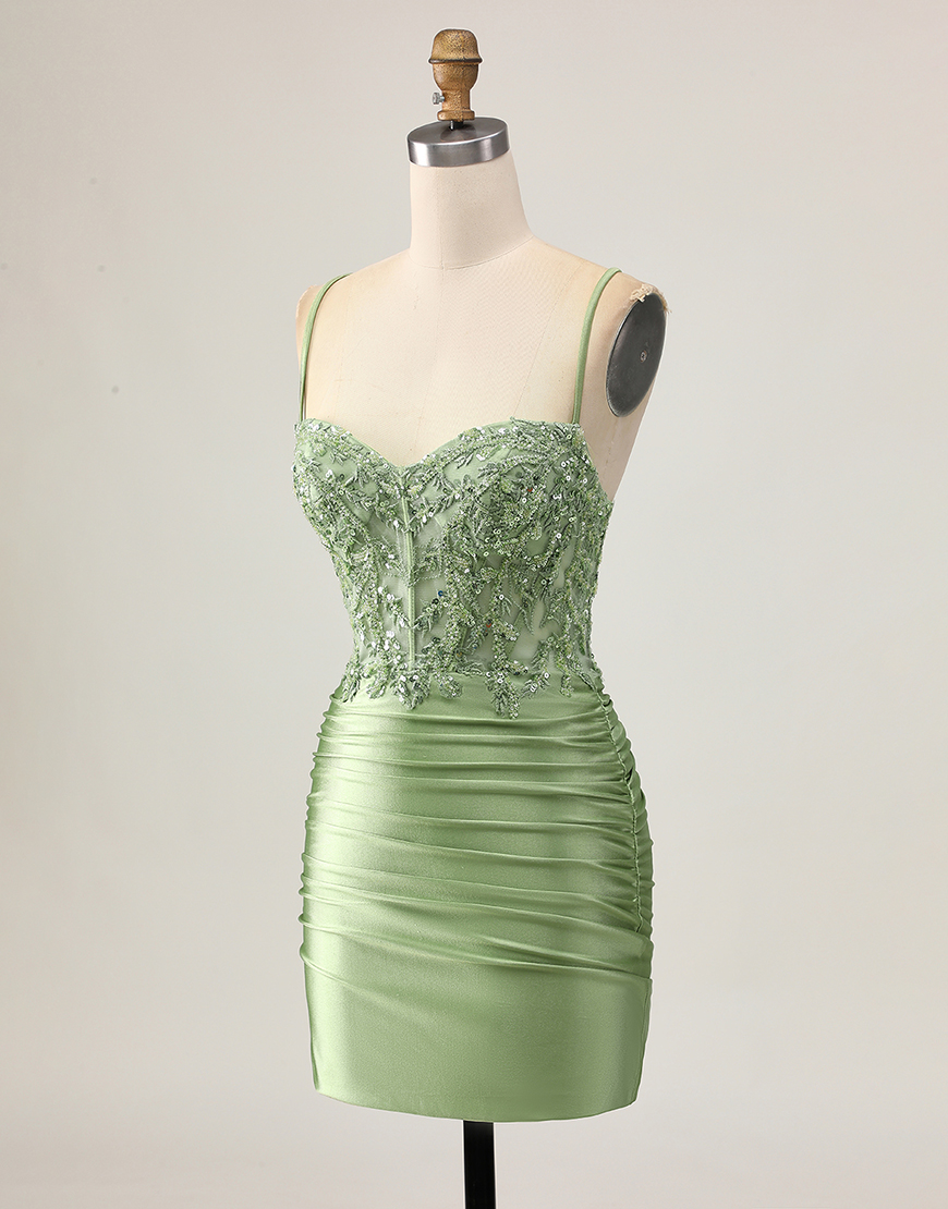 Sparkly Sage Green Tight Appliqued Short Corset Homecoming Dress with Beading