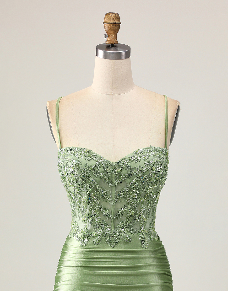Sparkly Sage Green Tight Appliqued Short Corset Homecoming Dress with Beading