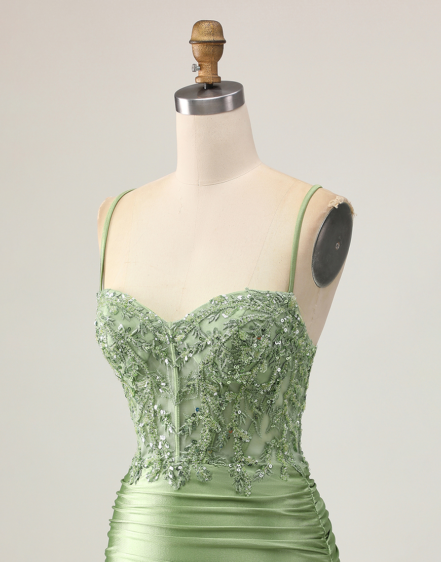 Sparkly Sage Green Tight Appliqued Short Corset Homecoming Dress with Beading