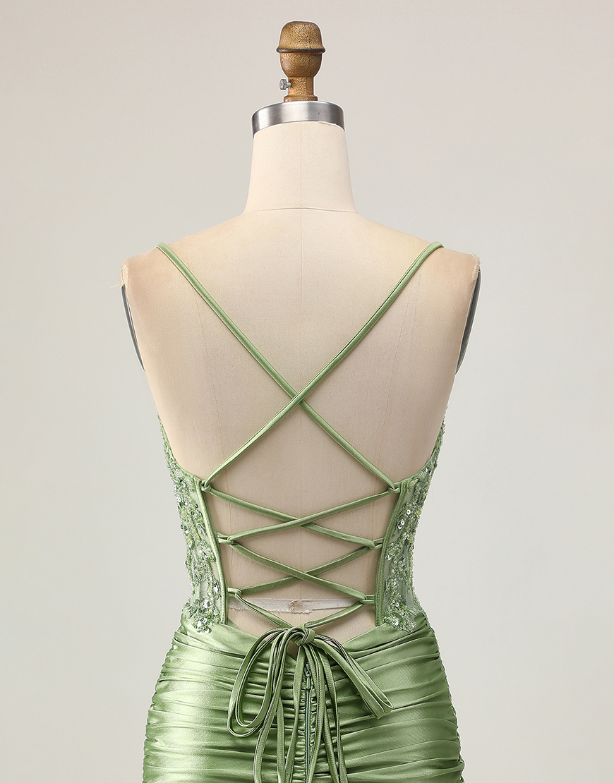 Sparkly Sage Green Tight Appliqued Short Corset Homecoming Dress with Beading