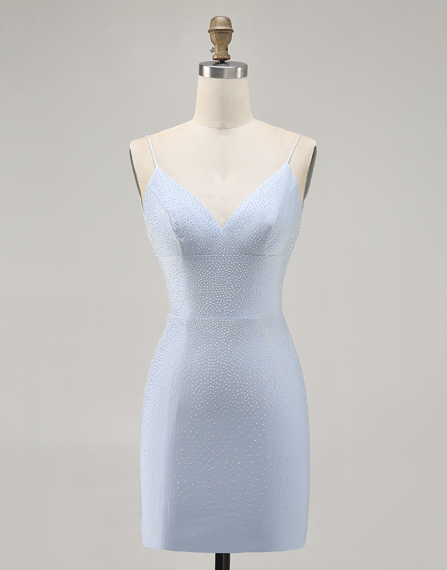 Sparkly Blue Spaghetti Straps Tight Short Homecoming Dress with Beading