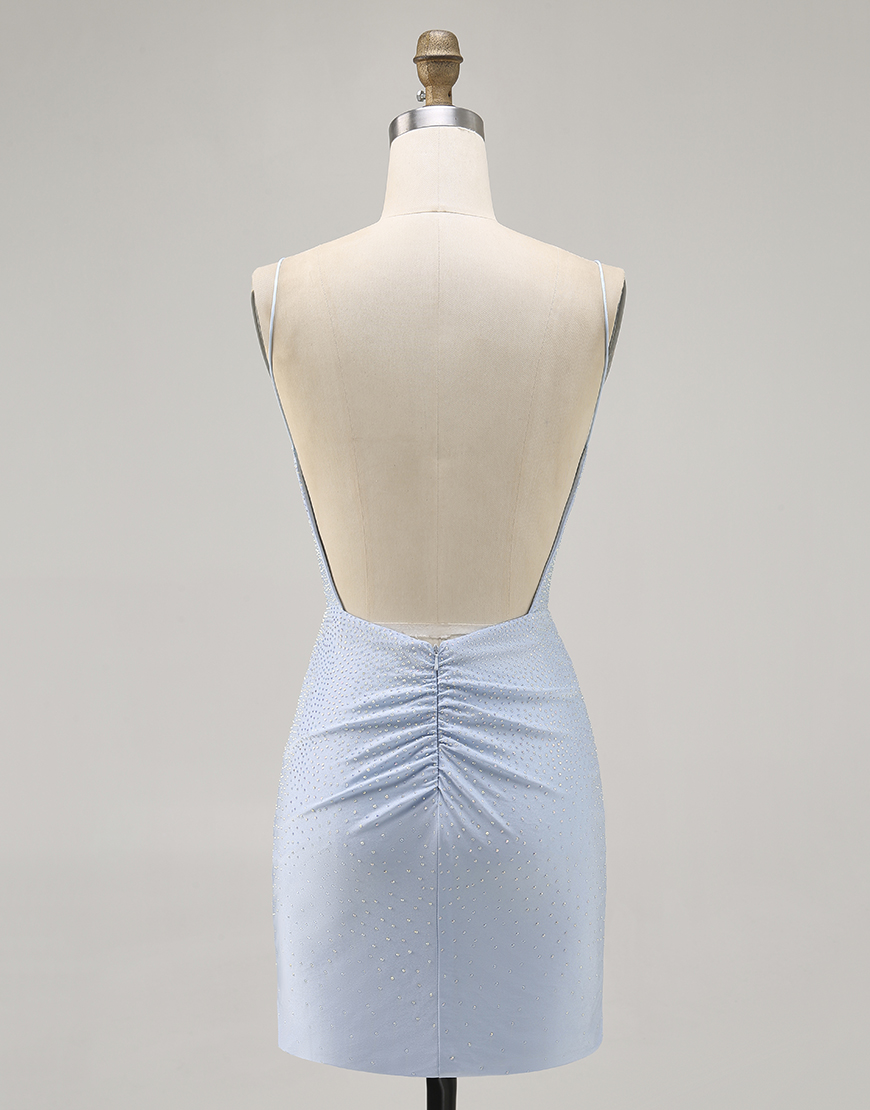 Sparkly Blue Spaghetti Straps Tight Short Homecoming Dress with Beading