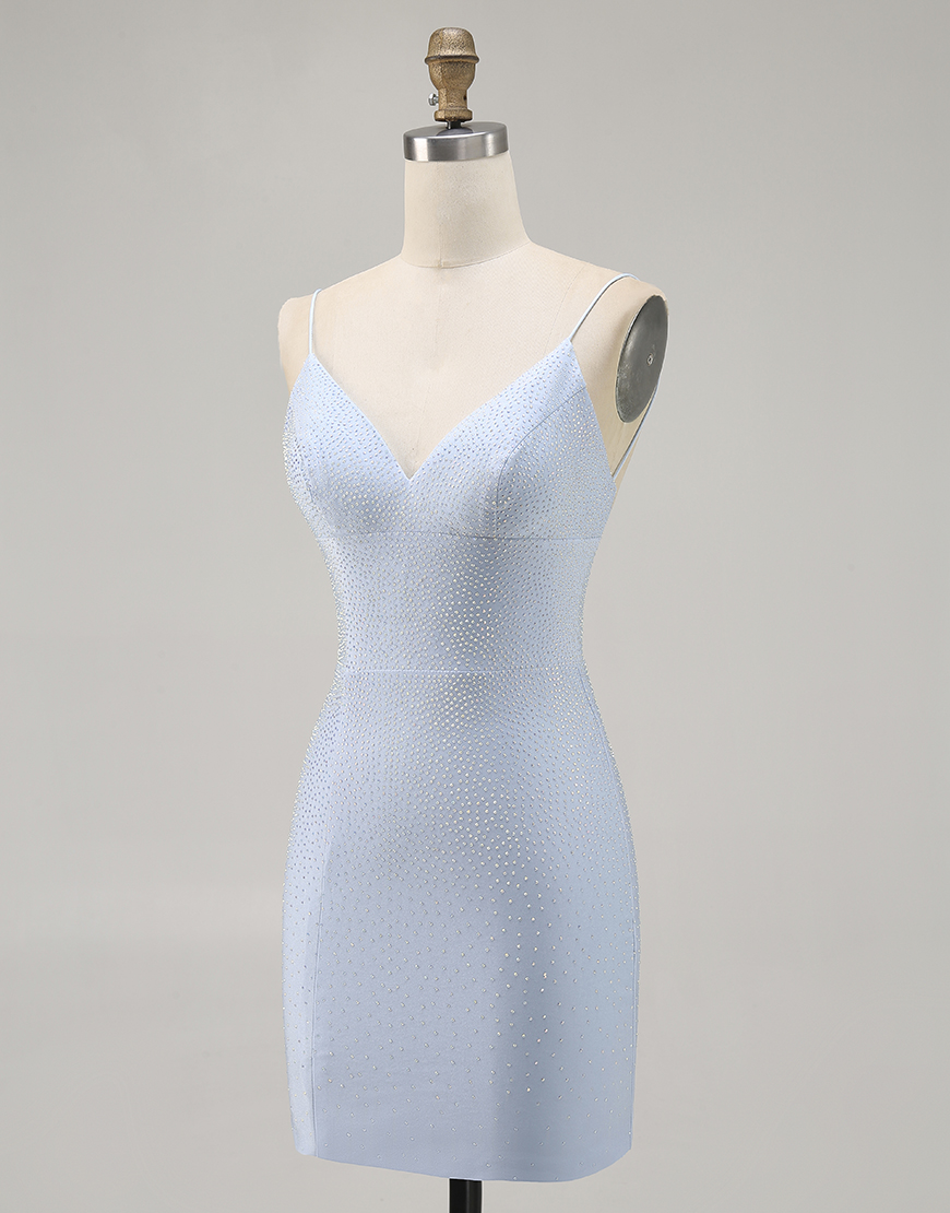 Sparkly Blue Spaghetti Straps Tight Short Homecoming Dress with Beading