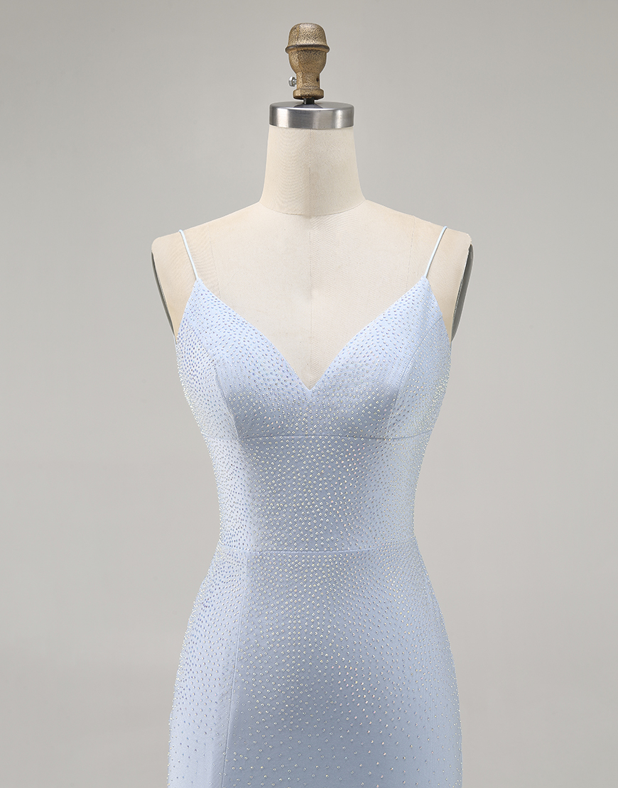 Sparkly Blue Spaghetti Straps Tight Short Homecoming Dress with Beading