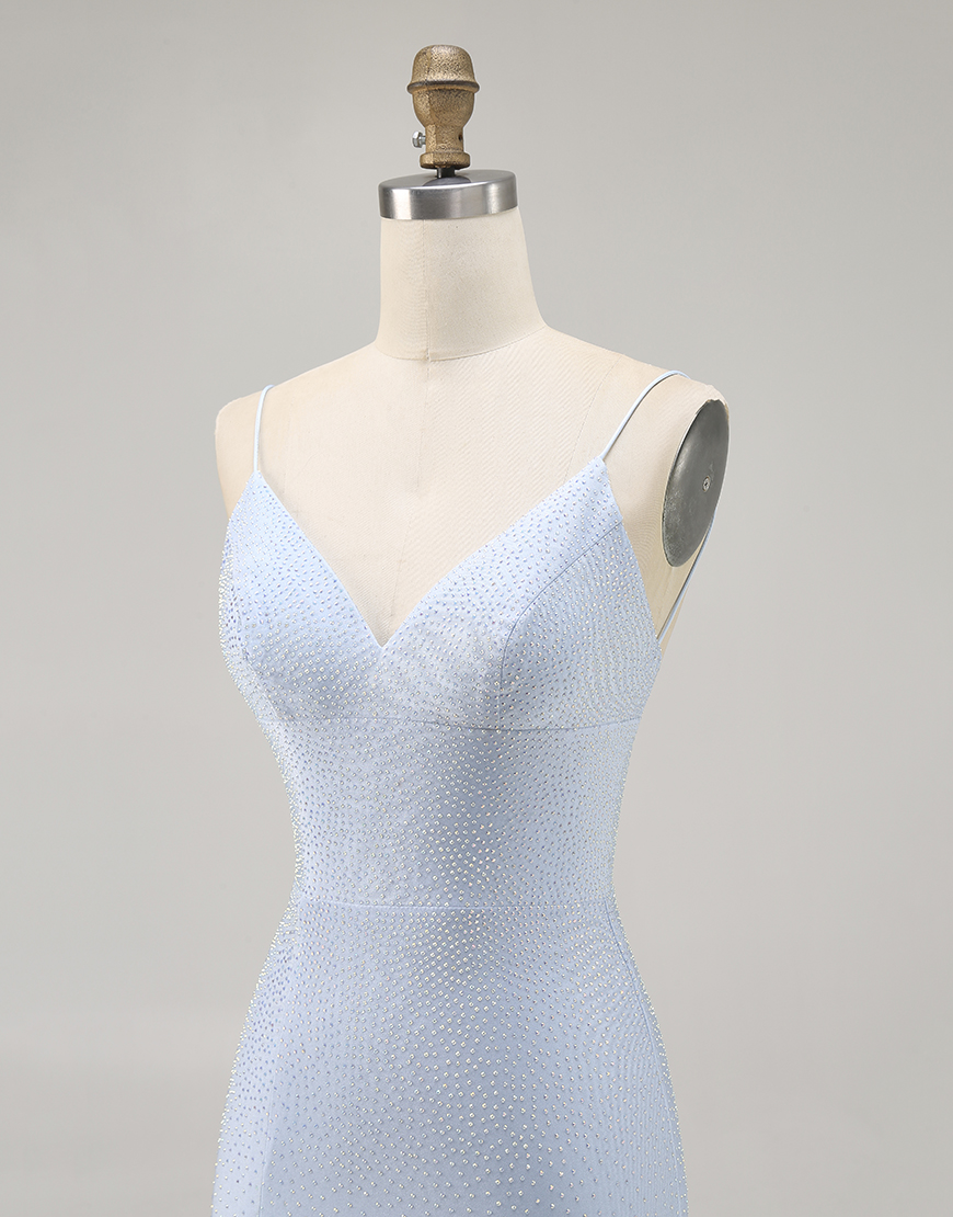 Sparkly Blue Spaghetti Straps Tight Short Homecoming Dress with Beading