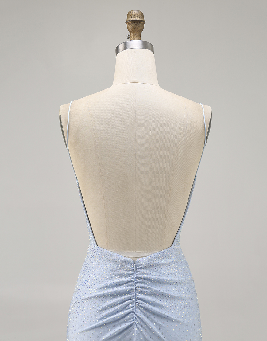 Sparkly Blue Spaghetti Straps Tight Short Homecoming Dress with Beading