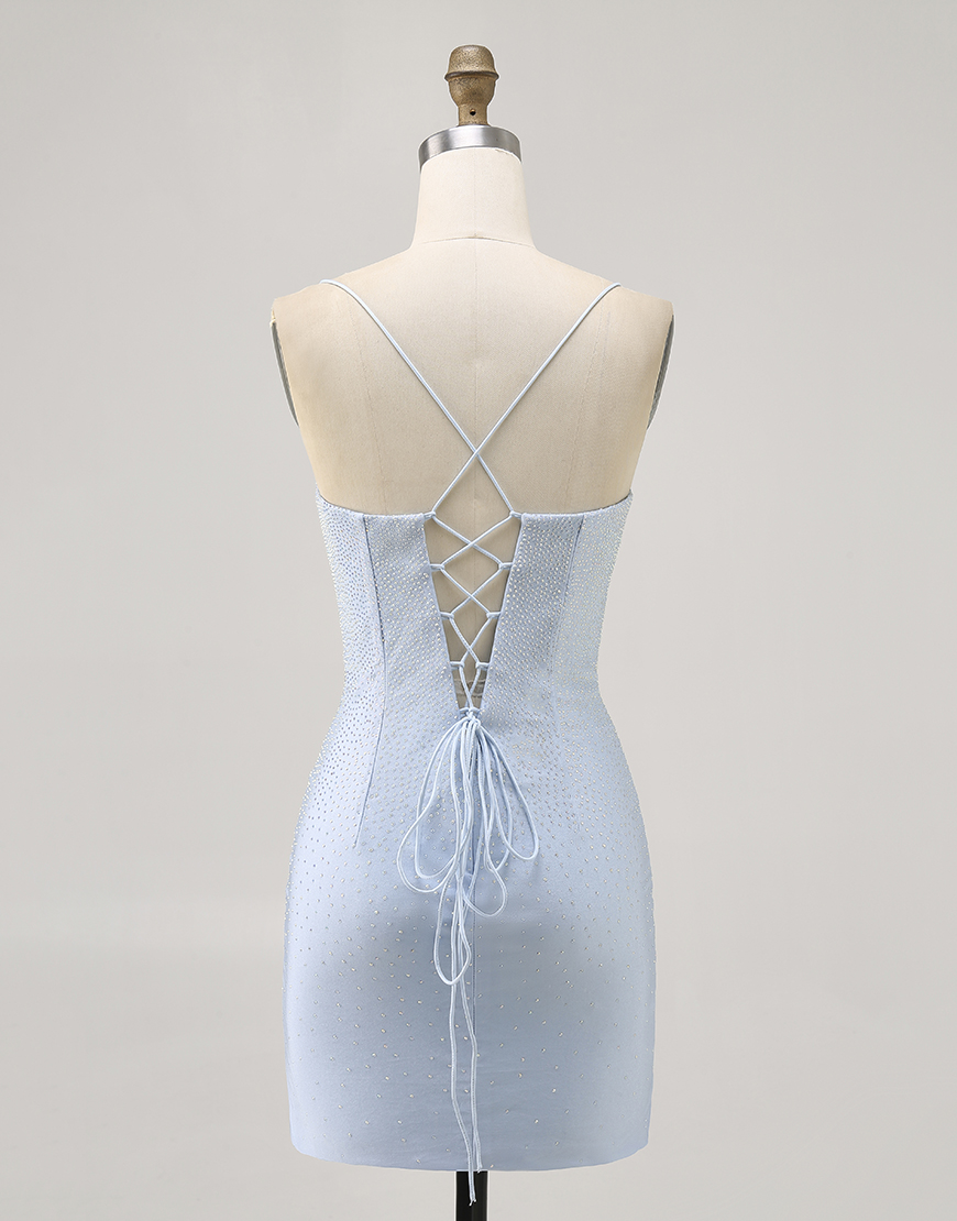 Sparkly Light Blue Short Tight Homecoming Dress with Beading