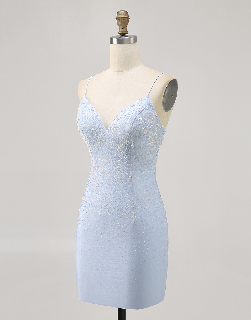 Sparkly Light Blue Short Tight Homecoming Dress with Beading