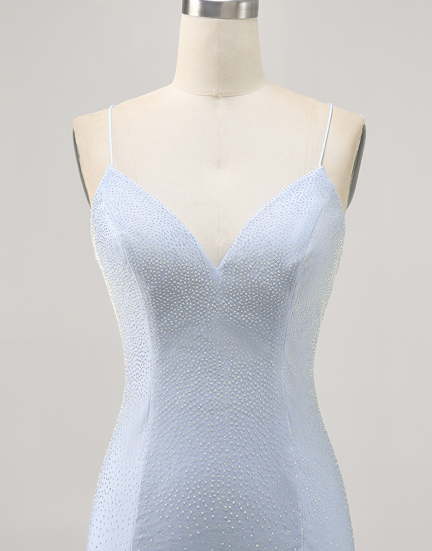 Sparkly Light Blue Short Tight Homecoming Dress with Beading