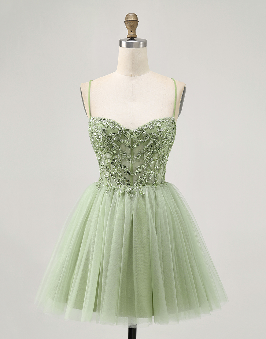Sparkly Green Short A Line Corset Homecoming Dress with Beading