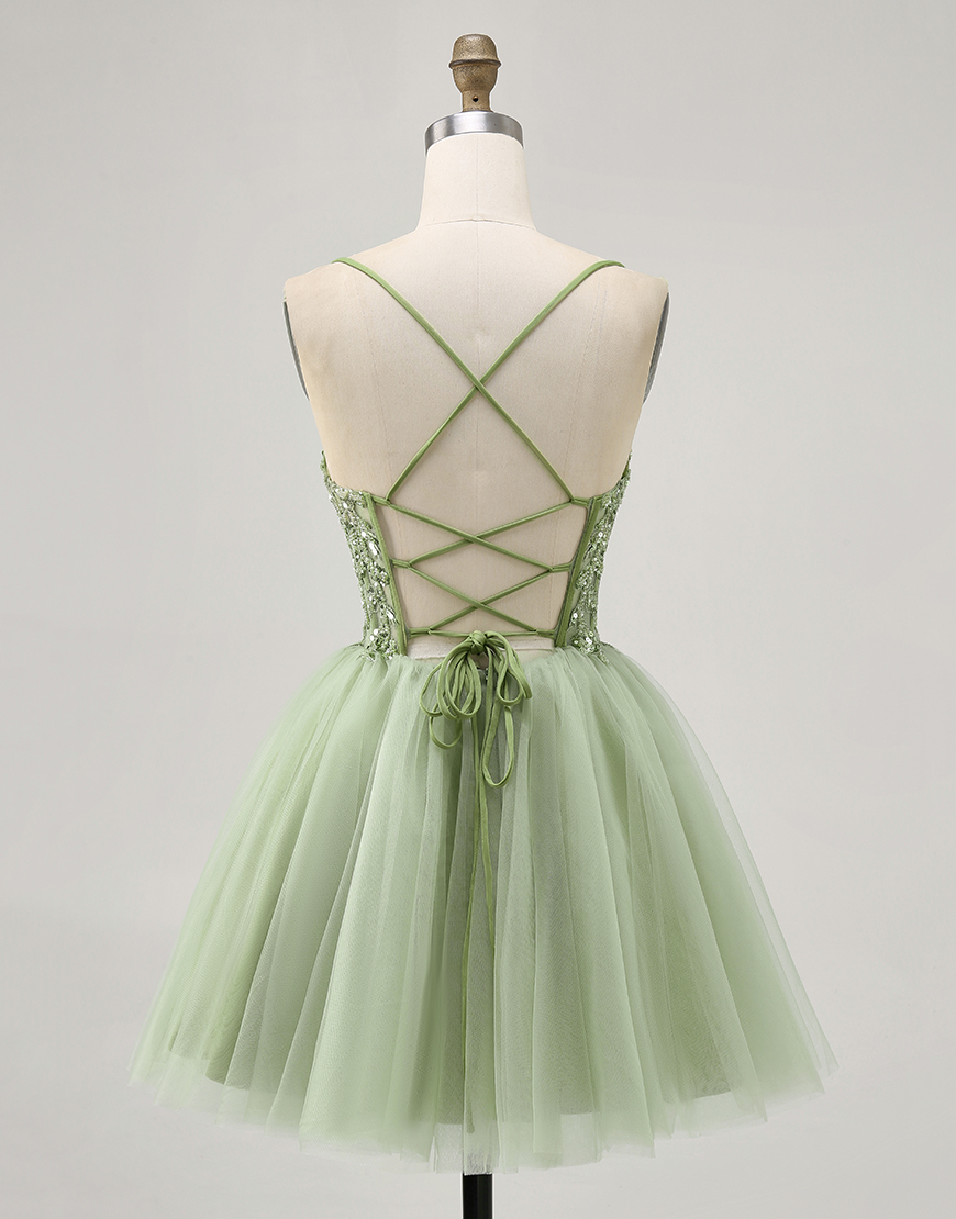 Sparkly Green Short A Line Corset Homecoming Dress with Beading