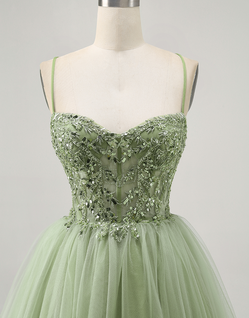Sparkly Green Short A Line Corset Homecoming Dress with Beading