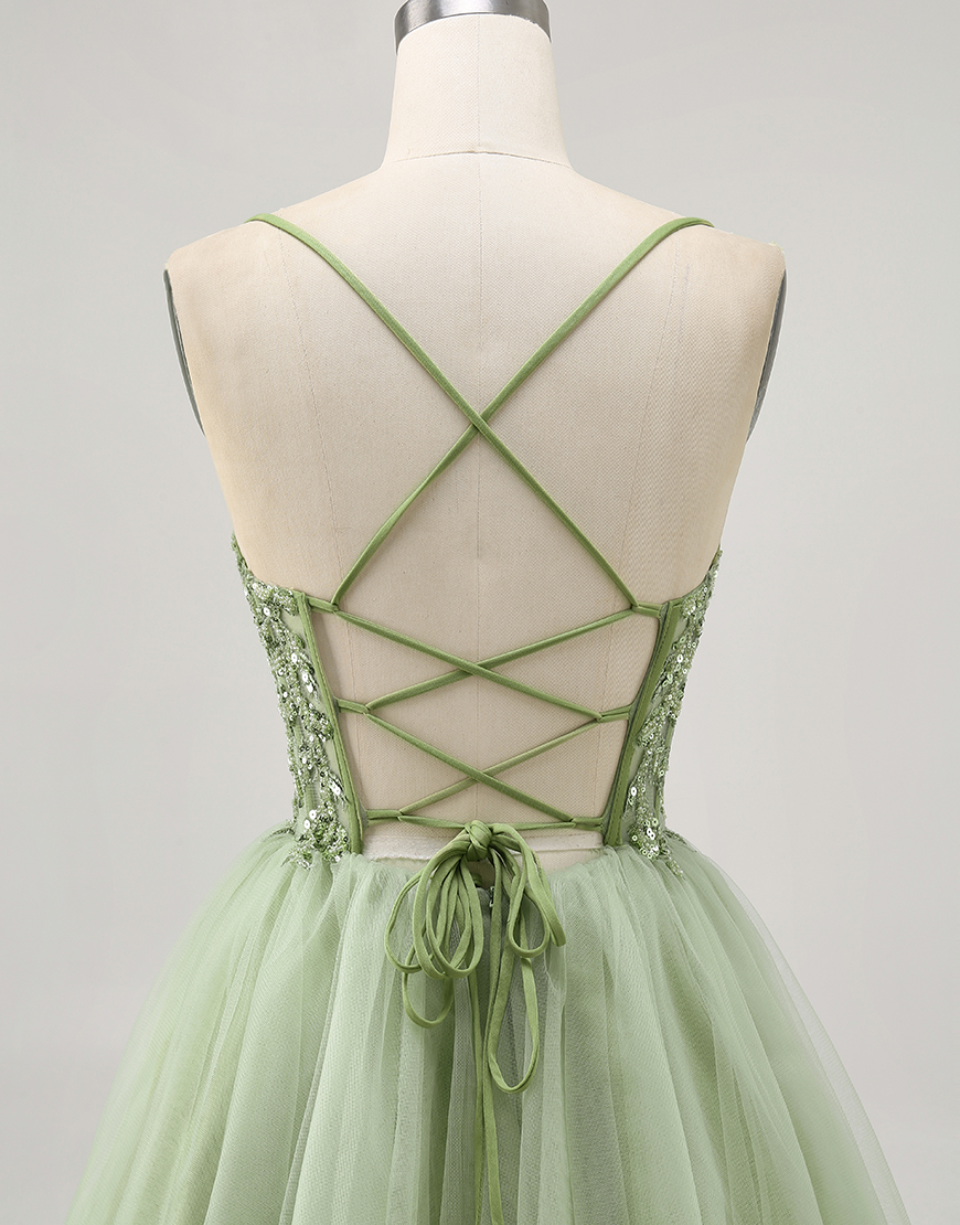 Sparkly Green Short A Line Corset Homecoming Dress with Beading