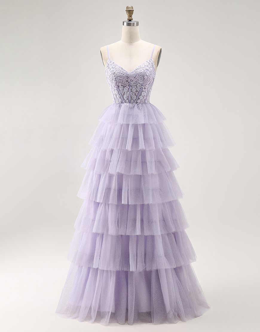 Glitter Lilac A Line Tiered Corset Long Prom Dress with Lace