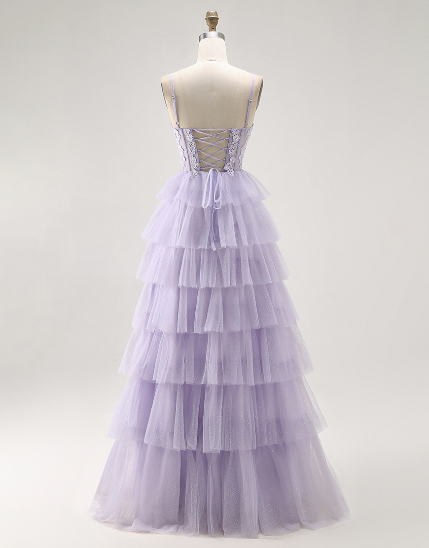 Glitter Lilac A Line Tiered Corset Long Prom Dress with Lace